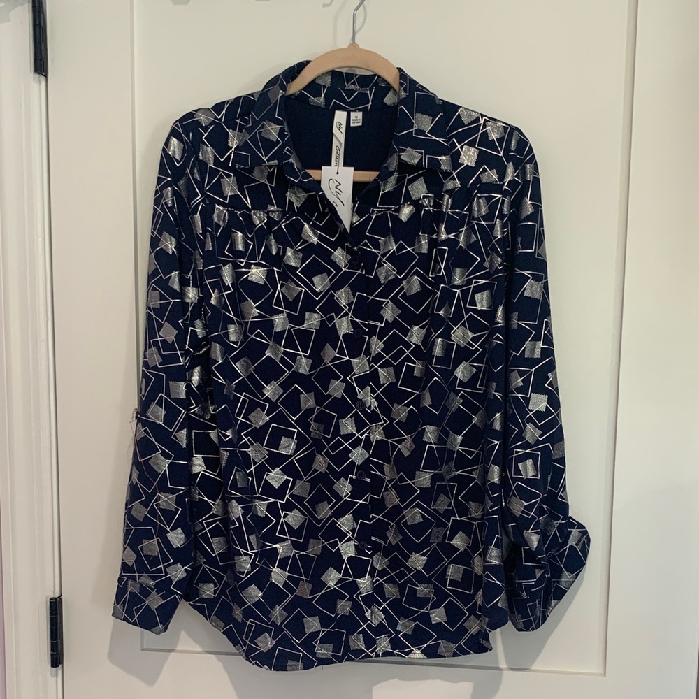NY Collection Navy Blouse with Silver Geometric Print